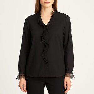 LAFAYETTE 148 NEW YORK Black Ruffle Sheer Trim Button Down Shirt Size 16